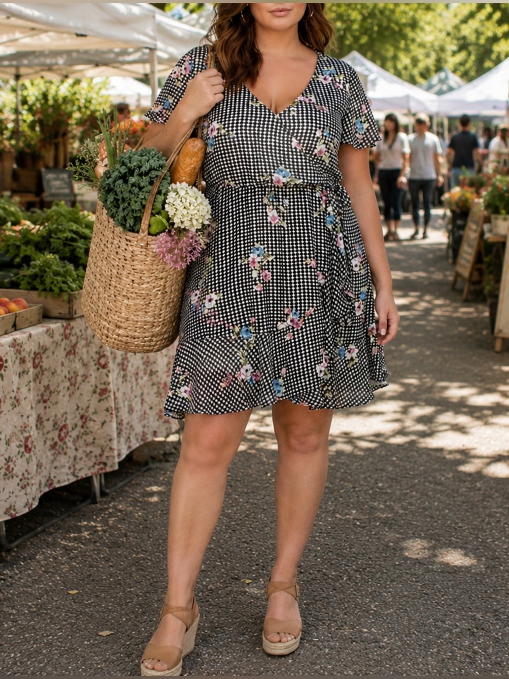 Michel Studio Dress Size 18 Gingham Floral Wrap Style